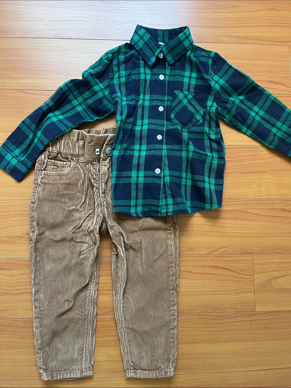 Green and Navy Plaid Shirt with Tan Corduroy Pants